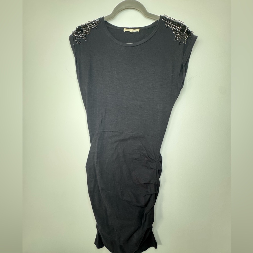 Maje Black Jersey Dress – Embellished Shoulders, Size 1